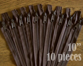 Dark brown zippers, handbag zippers, purse zippers, ykk zippers, 10" closed end zippers, wholesale zippers, no. 4.5- 10 zippers HNL10