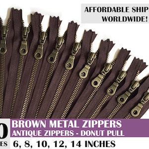 zipper for backpack, antique zippers, ykk donut pull metal zipper, bag zipper, dark brown zipper, pack of 10 zips - 10, 14 inch