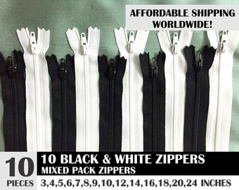 Assorted Ykk nylon zippers, black and white zippers, wholesale zippers sampler pack- 3, 4, 5, 6, 7, 8, 9, 10, 12, 14, 16, 18, 20, 24 inches