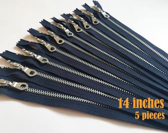 navy silver zippers, donut pull zipper, blue zippers, ykk metal zippers, metal zippers, navy zippers, bag zippers - 14 inch - 5 pieces DAL14