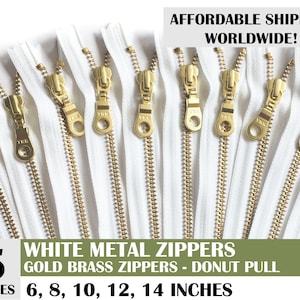 white metal zipper, closed end zippers, ykk donut pull metal zippers, set of 5, pouch zippers, gold metal zipper- 10, 14 inch