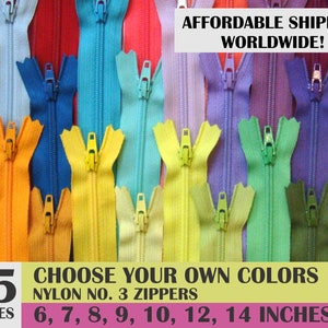 May include: A selection of 25 nylon zippers in a variety of colours, including red, blue, green, yellow, and purple. The zippers are all 3 inches wide and come in lengths of 6, 7, 8, 9, 10, 12, and 14 inches. CHOOSE YOUR OWN COLORS NYLON NO. 3 ZIPPERS 6, 7, 8, 9, 10, 12, 14 INCHES