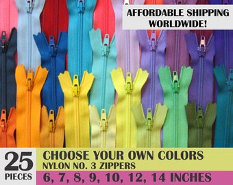 Ykk mixed color zipper, bulk zippers, Nylon Coil, Closed end, Assorted set, pack of 25 Choose Your Colors- 6, 7, 8, 9, 10, 12, 14 inches