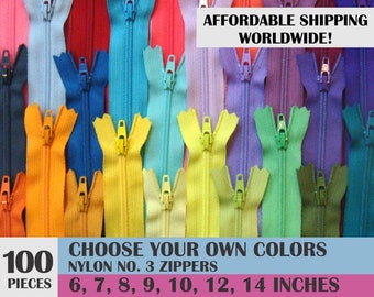 YKK Zippers, Bulk Zips, Wholesale, Mixed colors, Nylon Coil, Closed end,Assorted, Choose Your Colors, 6, 7, 8, 9, 10, 12, 14 inch-100 Pieces