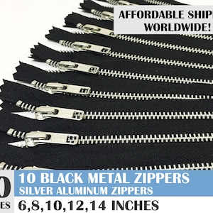 ykk brand zippers, metal zippers, black zippers, jean zippers, silver metal zipper, aluminum zipper, pack of 10 - 6, 8, 10, 12, 14 inches