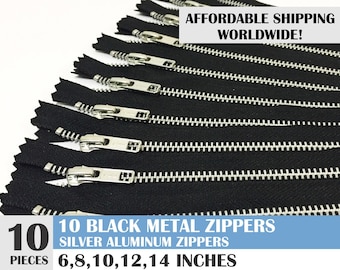 ykk brand zippers, metal zippers, black zippers, jean zippers, silver metal zipper, aluminum zipper, pack of 10 - 6, 8, 10, 12, 14 inches