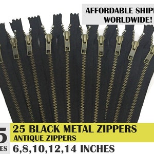 Black ykk antique metal zipper, jean zippers, black zippers, ykk zippers, antique brass zipper- 25 pcs- 6, 8, 10, 12, 14 inches