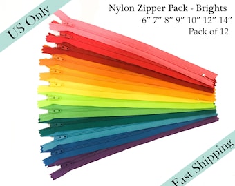 YKK Zippers, Assorted Bright Colors, Closed End Clothing zipper, Nylon Coil - 6, 7, 8, 9, 10, 12, 14 inches - 12pcs - US ONLY Fast Ship