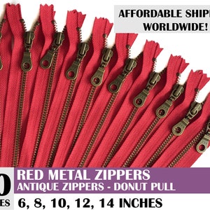 Rote antike Reißverschlüsse, Reißverschluss für Rucksack, Ykk Donut Pull Metallreißverschluss, Handtaschenreißverschluss, roter Reißverschluss, 10er - 10er Pack, 14 Zoll