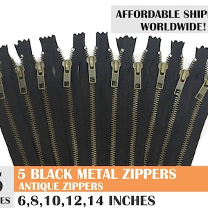 Black ykk antique metal zipper, jean zippers, metal zippers, black zippers, ykk zippers, antique brass zipper-5 pcs- 6, 8, 10, 12, 14 inches
