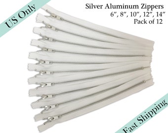 YKK Zippers, closed end zippers, Aluminum Silver metal zipper, White metal zipper - 6, 8, 10, 12, 14 inches - 12pcs - US ONLY Fast Ship