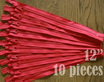 red purse zippers, handbag zippers, purse zippers, red zippers, 12" zippers, ykk zippers, wholesale zippers - no. 4.5 10 zippers HNL12