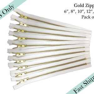 Gold Brass metal zipper , YKK Zippers, Closed end zippers, White metal zipper - 6, 8, 10, 12, 14 inches - 12pcs - US ONLY Fast Ship