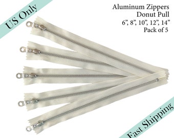 YKK Vanilla Donut pull Zippers, closed end zippers, ykk zippers, Aluminum Silver zipper - 6, 8, 10, 12, 14 inches - 5pcs - US ONLY Fast Ship
