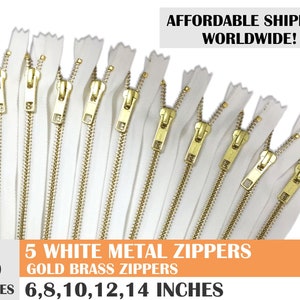 White ykk metal zippers, metal zippers, white zippers, jean zippers, gold metal zipper, golden brass zipper, set of 5- 6, 8, 10, 12, 14 inch