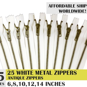 jean zippers, ykk brand zipper, closed end zippers, metal zippers, white zippers, antique brass zipper - 25 pcs- 6, 8, 10, 12, 14 inches