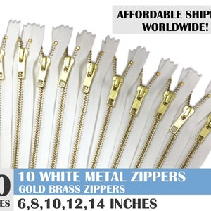 ykk brand metal zipper, metal zippers, white zippers, jean zippers, gold metal zipper, golden brass zipper, set of 10- 6, 8, 10, 12, 14 inch