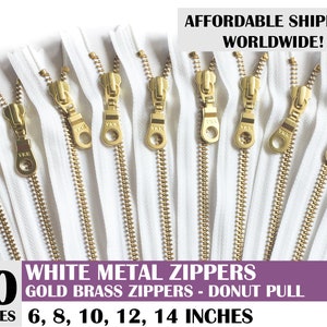 white metal zipper, closed end zippers, ykk donut pull metal zippers, set of 10, pouch zippers, gold metal zipper- 10, 14 inch
