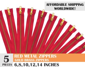 Red ykk metal zippers, metal zippers, red zippers, jean zippers, gold metal zipper, golden brass zipper, set of 5 - 6, 8, 10, 12, 14 inch