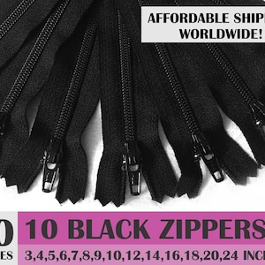 Black ykk zippers, nylon zippers, pack of 10 zips, wholesale zippers sampler pack- 3, 4, 5, 6, 7, 8, 9, 10, 12, 14, 16, 18, 20, 24 inches