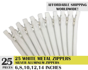 aluminum zipper, ykk white metal zipper, jean zipper, close end zipper, ykk zipper - 25 pcs - 6, 8, 10, 12, 14 inches