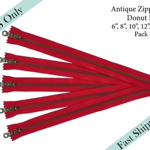 YKK Red Donut Pull Zippers, Closed End Zippers,  Antique Brass Zipper, Wholesale Purse - 6, 8, 10, 12, 14 inches - 5pcs - US ONLY Fast Ship