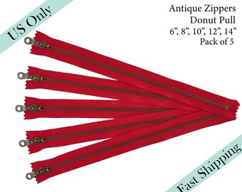 YKK Red Donut Pull Zippers, Closed End Zippers,  Antique Brass Zipper, Wholesale Purse - 6, 8, 10, 12, 14 inches - 5pcs - US ONLY Fast Ship
