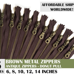 zipper for backpack, antique zippers, ykk donut pull metal zipper, bag zipper, dark brown zipper, pack of 5 zips - 10, 14 inch