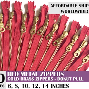 closed end zippers, ykk brand donut pull metal zippers, , pack of 10, pouch zippers, gold metal zipper, red zipper- 6, 8, 10, 12, 14 inch