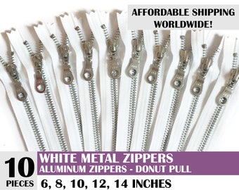 white metal zipper, zipper for handbag, aluminum zipper, donut pull metal zippers, ykk silver zips, white zips, 10 pcs- 10, 14 inch