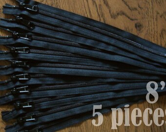 handbag zippers, purse zippers, black zippers, 8" zippers, ykk zipper, 8 inch zips, wholesale zippers, bulk zippers, no. 4.5- HNL08-5PC