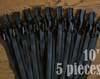 black zippers, handbag zippers, purse zippers, 10" zippers, ykk zippers, 10 inch zips, wholesale zippers, no. 4.5- HNL10-5PC