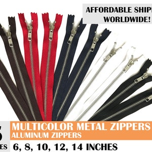 aluminum silver zipper, clodes end zipper, ykk metal zippers, metal zippers, mixed set zippers, bag zippers pack of 5- 6, 8, 10, 12, 14 inch