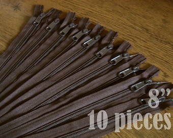 handbag zippers, purse zippers, dark brown zips, 8" zippers, ykk zippers, wholesale zippers, bulk zippers, no. 4.5- 10 zippers HNL08