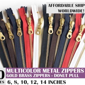 Donut pull zippers, gold metal zippers, ykk zippers, mixed colors bag, ykk gold donut pull metal zippers, pack of 10 - 6, 8, 10, 12, 14 inch