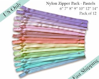 Assorted Pastel Colors YKK zippers, Wholesale Closed End Zipper, Pouch Nylon  - 6, 7, 8, 9, 10, 12, 14 inches - 12pcs - US ONLY Fast Ship