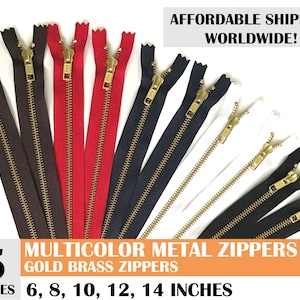 Metal zippers, gold metal zippers, ykk zippers, mixed colors bag, ykk gold metal zippers, pack of 5 - 6, 8, 10, 12, 14 inch