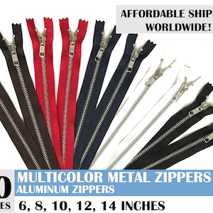 aluminum silver zipper, metal zipper, ykk metal zippers, mixed set zippers, bag zippers, pack of 10- 6, 8, 10, 12, 14 inch