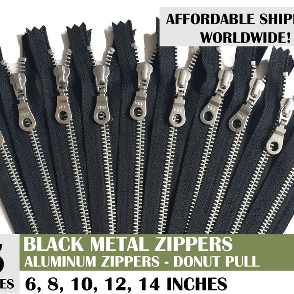 zipper for handbag, aluminum zipper, ykk donut pull metal zippers, bag zippers, ykk silver zips, black zipper, 5 pcs - 6, 8, 10, 12, 14 inch