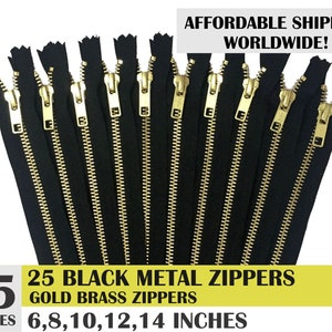 jean zippers, black zippers, ykk brand metal zipper, gold metal zipper, pack of 25, golden brass zipper - 6, 8, 10, 12, 14 inch