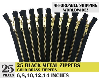 jean zippers, black zippers, ykk brand metal zipper, gold metal zipper, pack of 25, golden brass zipper - 6, 8, 10, 12, 14 inch