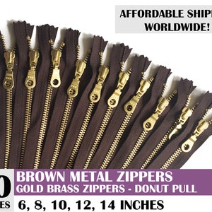 ykk donut pull metal zippers, pouch zippers closed end zippers, gold metal zipper, brown zipper, pack of 10- 10, 14 inch