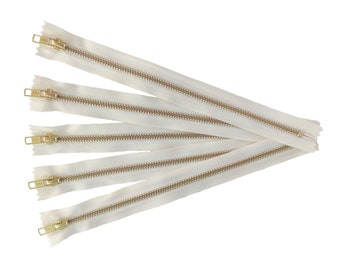 Cremallera de metal dorado YKK, cremalleras para jeans, cremalleras de metal color vainilla, cremalleras color vainilla, cremallera de latón dorado (5 piezas) 6, 8, 10, 12 y 14 pulgadas