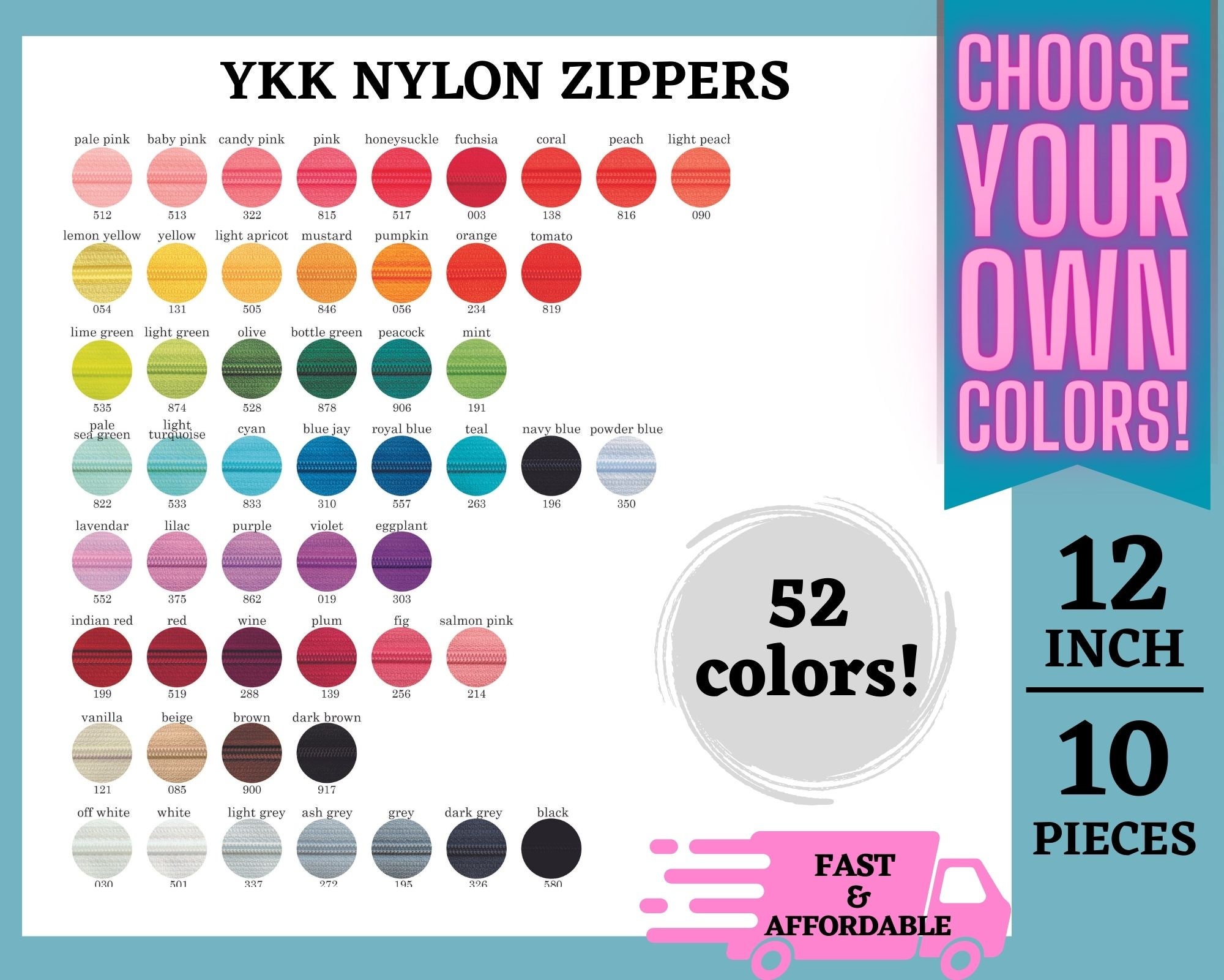 12 Inch YKK Zippers, Choose Any 10, 3 Nylon Coil, Mix and Match