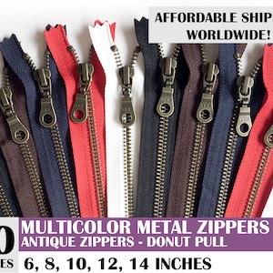ykk zippers, antique zipper, donut pull zipper, ykk antique metal zippers, mixed set zippers, bag zippers, pack of 10- 6, 8, 10, 12, 14 inch