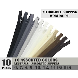 ykk zips, assorted zipper set, colorful zippers, neutral colors, pack of 10, wholesale zippers sampler pack- 6, 7, 8, 9, 10, 12, 14 inches