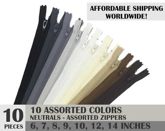 ykk zips, assorted zipper set, colorful zippers, neutral colors, pack of 10, wholesale zippers sampler pack- 6, 7, 8, 9, 10, 12, 14 inches