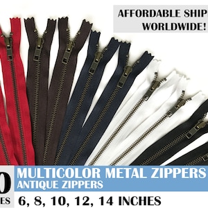 ykk zippers, antique zipper, metal zipper, ykk antique metal zippers, mixed set zippers, bag zippers, pack of 10- 6, 8, 10, 12, 14 inch