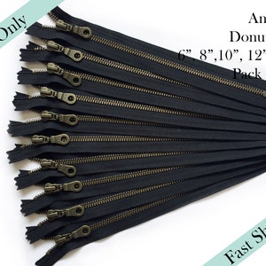 Antique Black Zippers, YKK Closed End zippers, Antique Brass Donut Pull Zipper Pack - 6, 8, 10, 12, 14 inches - 12pcs - US ONLY Fast Ship