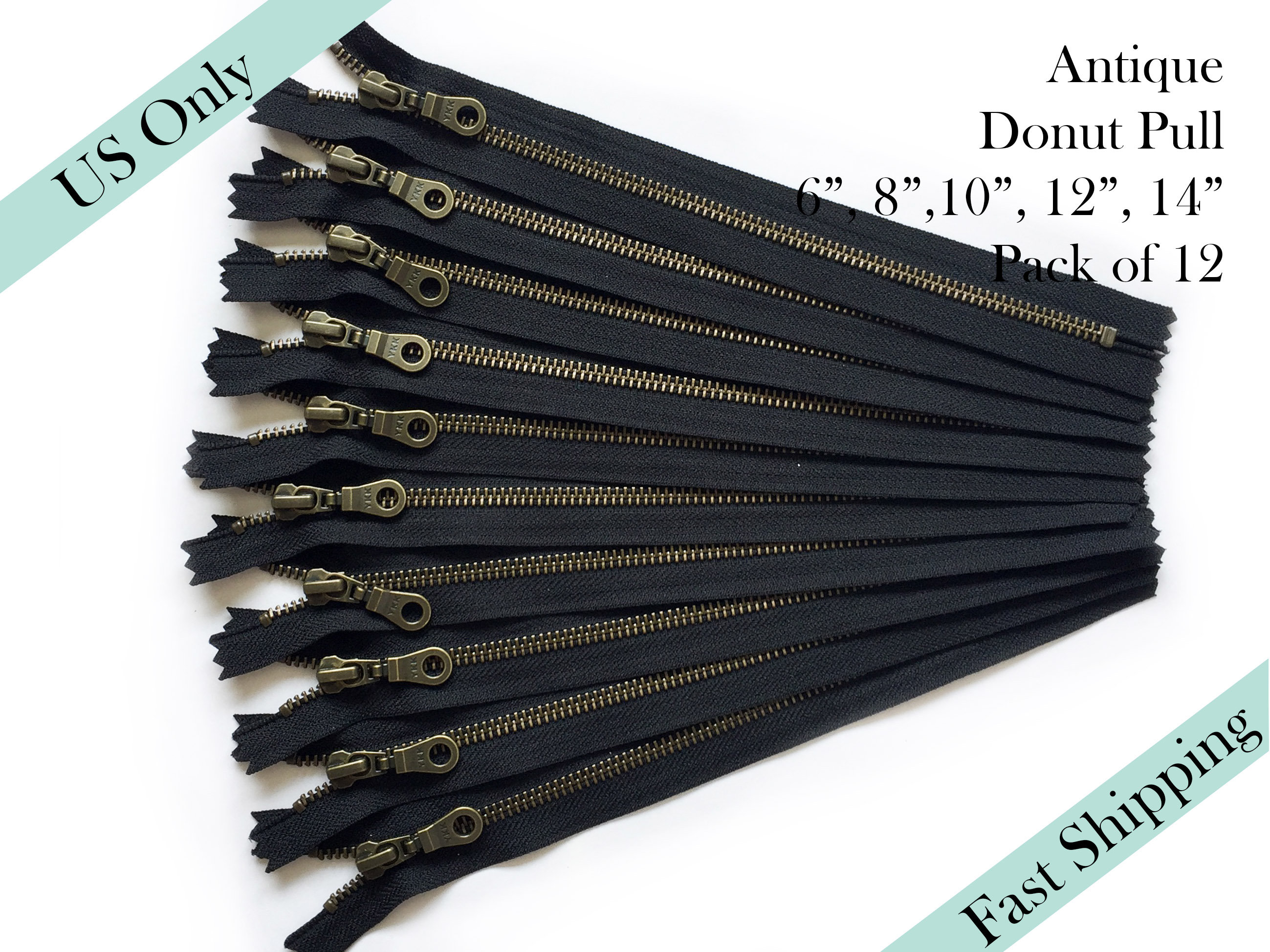 YKK Metal Zippers in Bulk, 5 Pcs, Black Color 580, Gold Teeth, Brass,  Polyester Tape, 4, 5, 6, 7, 8, 9, 10, 12, 14 Inch Sizes, No 5 Teeth 